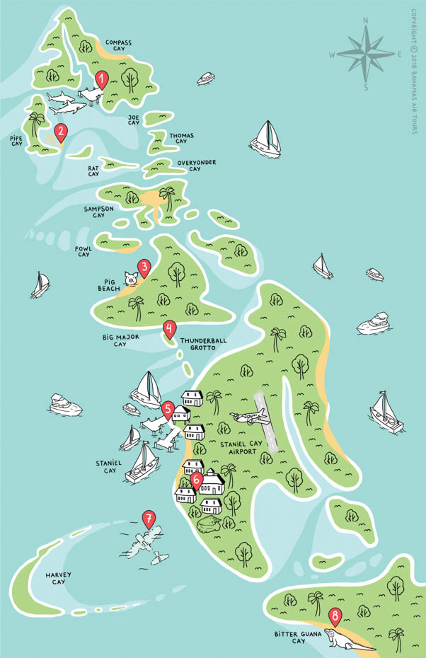 Pig Island Bahamas Map. Fly to Pig Beach Exuma with Bahamas Air Tours Nassau to Exuma Day Trip and the Miami to Bahamas Day Trip.