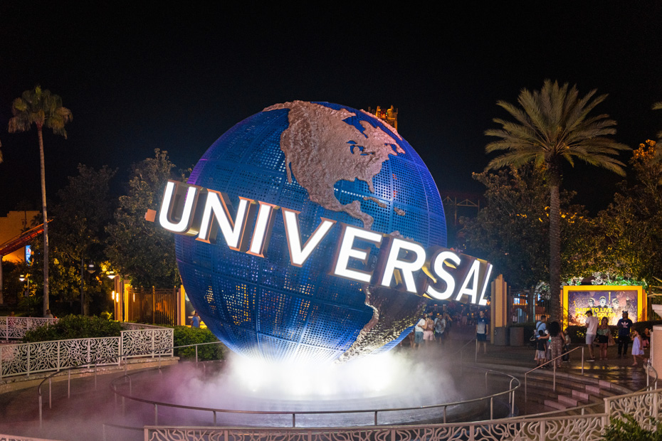 Things to do in Orlando at night, Universal Studios is seen during the nighttime at the entrance of one of the Florida themed parks