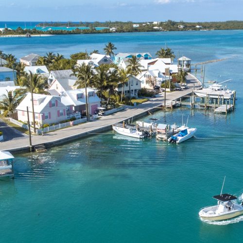 Spanish Wells Bahamas harbour and marina entrance overlooking Eleuthera and North Eleuthera. Fly from Florida to North Eleuthera airport with Bahamas Air Tours.