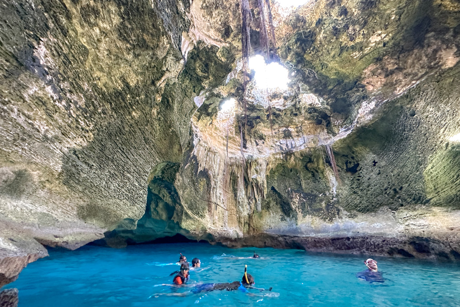 Thunderball Grotto Cave excursion into the Exuma James Bond Cave close to Staniel Cay in Exuma Bahamas.