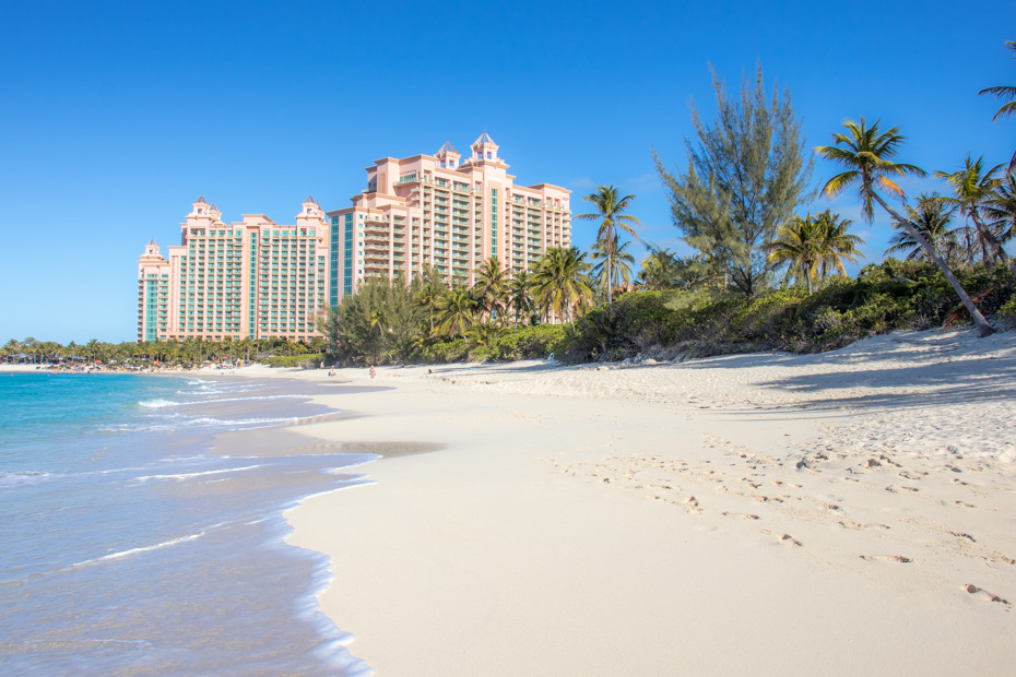 Paradise Beach overlooks the Cove and Reef Towers at the Atlantis hotel Paradise Island in Nassau Bahamas